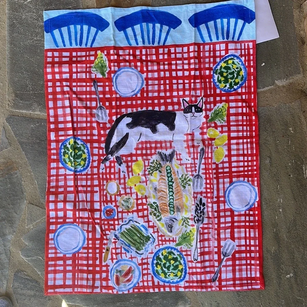 New! Anthropologie-Bright Limelight Studio Kitten Picnic Dish Towel